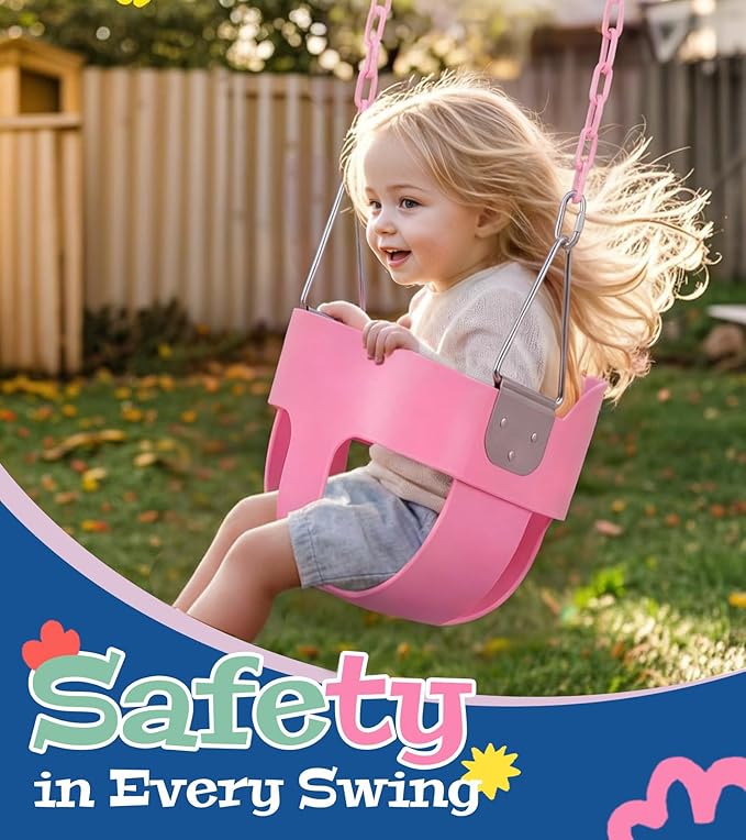 High Back Full Bucket, Toddler Swing with Coated Chains & Triangle Dip Pinch Protection for Safety, Baby Swing Outdoor with Locking Buckles, Toddler Bucket Swing for Backyard, Playground, Pink