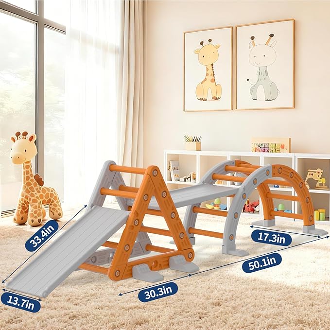 Garvee 9-in-1 Triangle Set, HDPE PP Plastic Climbing Set, Durable 1-8 Toddler Climbing Toys Indoor with Arch, Ramp, Ladder & Slide, Indoor Playground Jungle Gym Playset, Orange