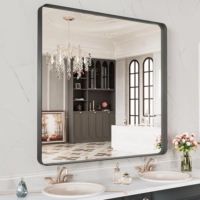 LOAAO 28X32 Inch Black Metal Framed Bathroom Mirror for Wall | Matte Black, Anti-Rust, Hangs Horizontally or Vertically