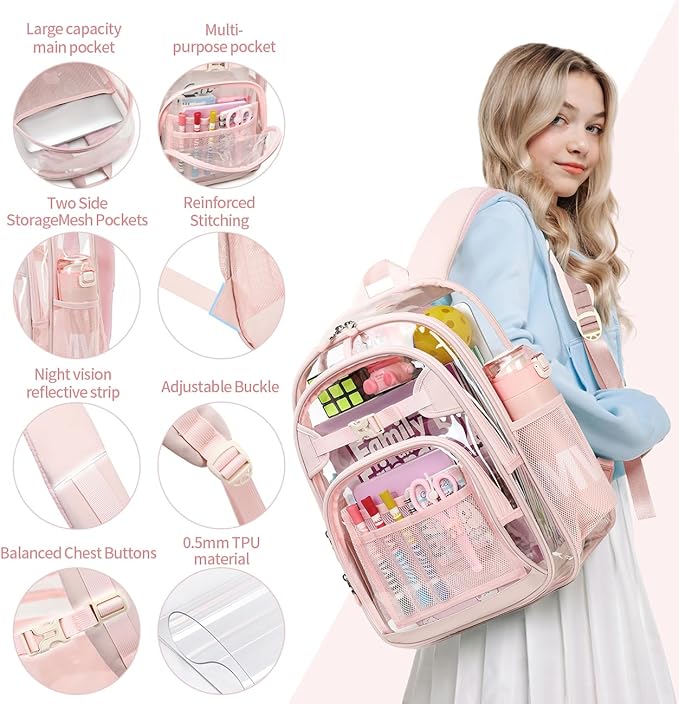 Cusangel Clear Backpack for Girls kids,Pink tpu Heavy Duty 16in Transparent Bookbag for School,Student children Bag Stadium Approved See Through Backpack,Stitch Bag durability