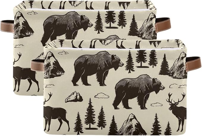 Aslsiy Storage Basket Vintage Deer Bear Moose Nursery Bins National Park Baby Box Canvas Clothes Shelf Basket Laundry Hamper for Home Closet 1 Pcs
