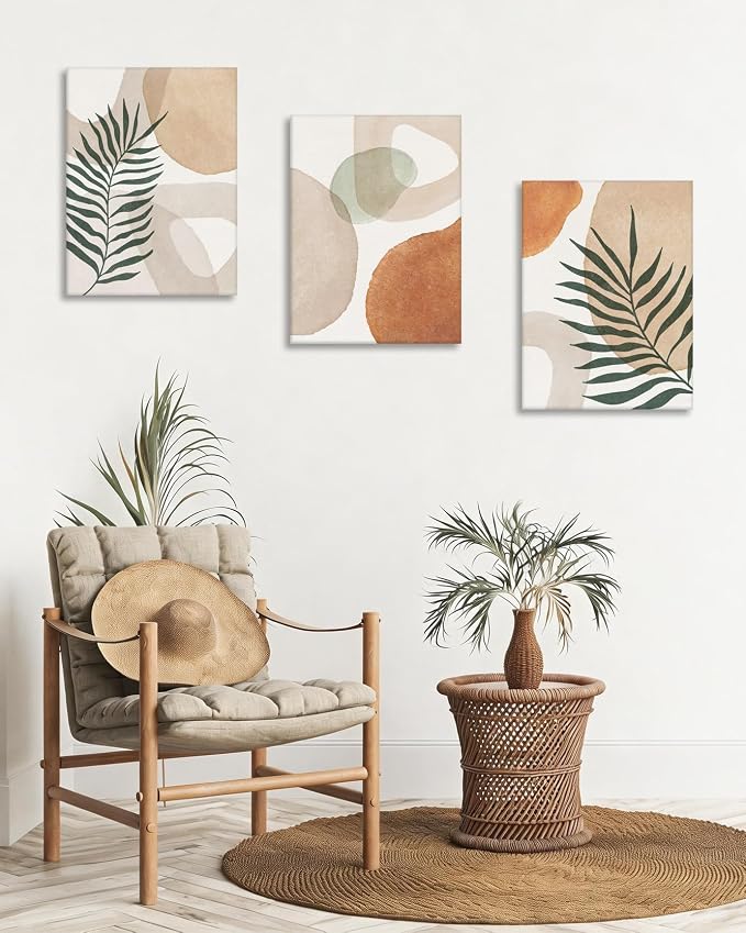 HesenDot Abstract Botanical Wall Art Set of 3, 40x60CM Neutral Plant Framed Canvas Prints, Beige Green Boho Aesthetic Wall Decor for Living Room Bedroom Bathroom Office Home
