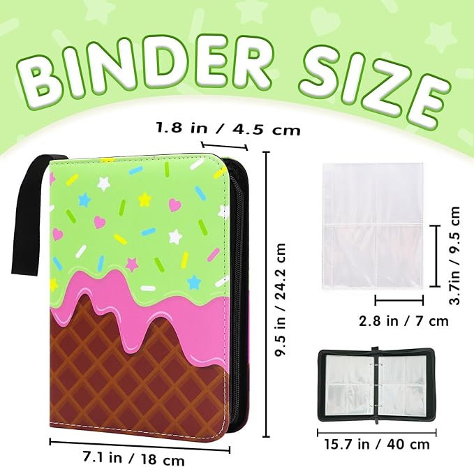 Cute Ice Cream Cake Card Binder for Girls, 400 Pocket Card Album Gifts, Ice Cream Donut Trading Game Card Holder Album for Standard Size Cards, Collectible Game Collection Case (Green)