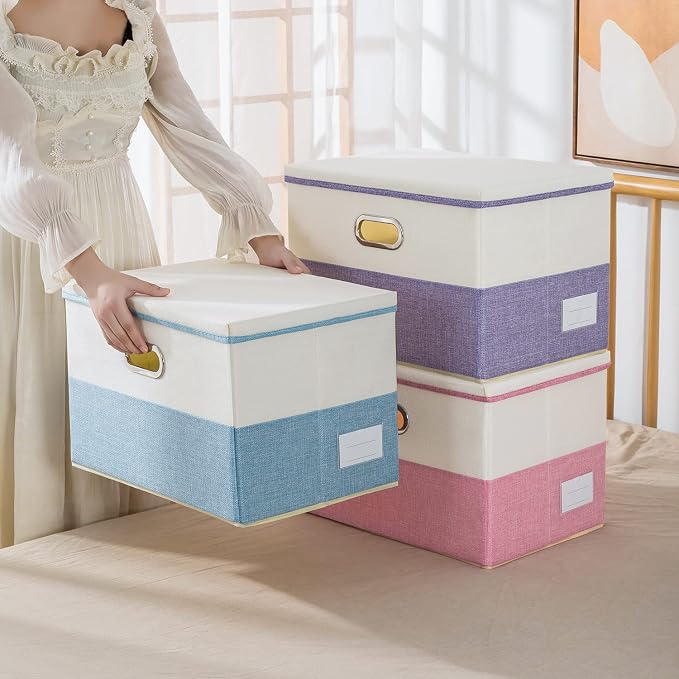 Large Foldable Storage Boxes with Lids [3-Pack] Fabric Collapsible Storage Bins Organizer Containers Baskets Cube with Cover for Home Bedroom Closet Office Nursery Blue&Cream(17.7x11.8x11.8)