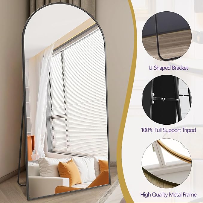 Dewfig Arched Full Length Mirror, 77"x38" Large Floor Mirror, Black | Aluminum Alloy Frame Oversized Full Body Mirror, HD Shatterproof Tempered Glass, Lean/Stand/Wall for Living Room,Bedroom