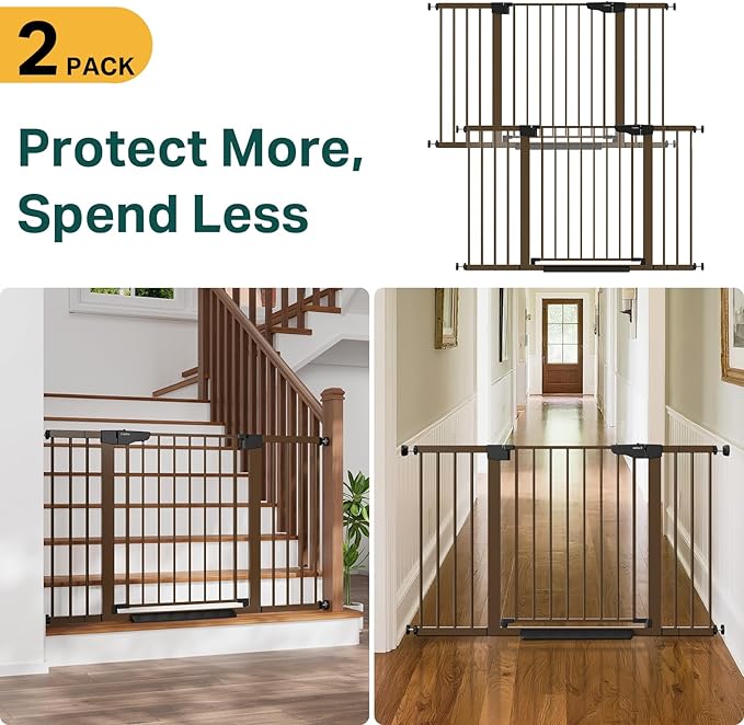 Cumbor Pack of 2 Extra Wide Baby Gate for Stairs, 29.7–51.5" Pressure Mounted Dog Gate for Doorways, Auto Close Safety Pet Gate, Easy Walk Thru Wide Child Gate, Brown, Mom's Choice Award Winner