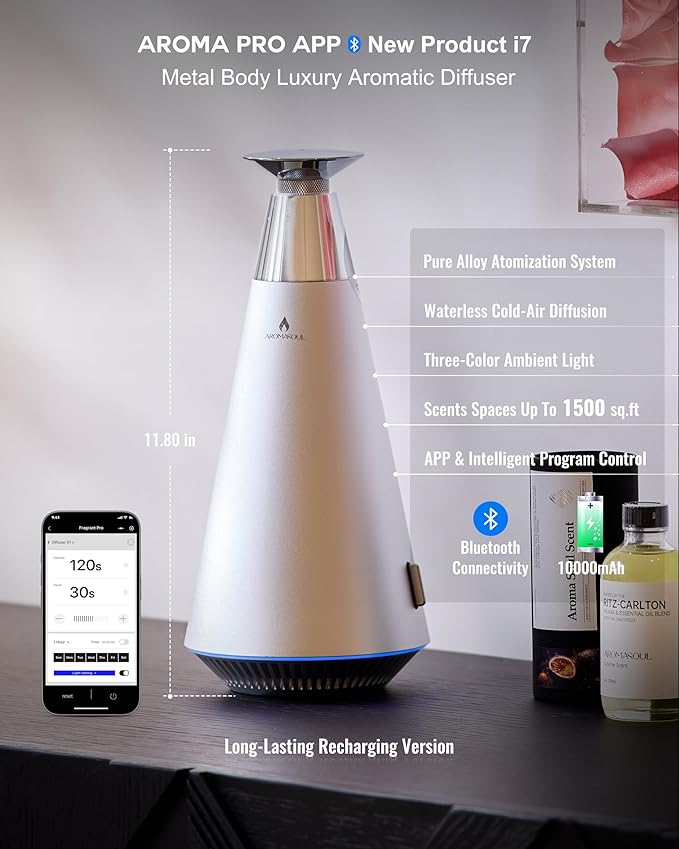 All-Metal Waterless Scent Diffuser Kit – 1500 Sq.Ft Coverage, Wireless Rechargeable,App Control, Mood Light, Hotel Scent Diffuser, Includes 5×15ml Essential Oils, for Home,Large Room,Spa,Silver