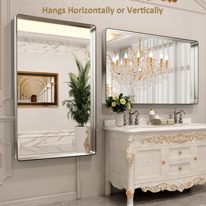 LOAAO 60X36 Inch Brushed Nickel Bathroom Mirror | Rounded Rectangle, Silver Metal Frame, Anti-Rust, Tempered Glass, Hangs Horizontally or Vertically