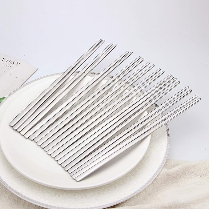IQCWOOD 10 Pairs 304 Stainless Steel Korean Chopsticks, 8.66 Inch | Reusable Korean Chopsticks for Daily Meals, Metal Classic Style Chopsticks with Flat Design, Dishwasher Safe, for Asian Food