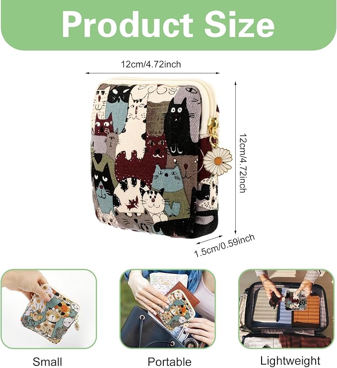 cobee 2PCS Sanitary Pad Storage Bag, Cute Sanitary Napkin Storage Purses Portable Period Bag with Daisy Zipper Panty Liner Tampon Menstrual Cup Nursing Pad Holder Pouch for Girls Women Travel(Cat)