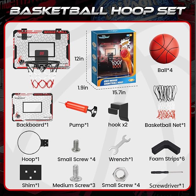 EagleStone Mini Indoor Basketball Hoop with Scoreboard,4 Balls & Pump,Over The Door Bedroom Office Basketball Hoop for 6 7 8 9 10 11 12+ Year Old Kids Boys