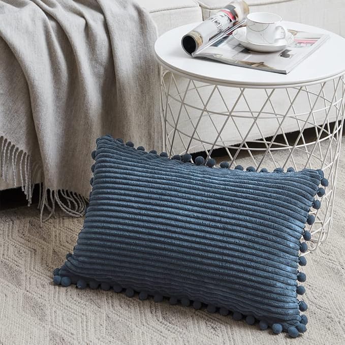 Fancy Homi 2 Pack Dusty Blue Lumbar Decorative Throw Pillow Covers 12x24 Inch with Pom-poms for Couch Bedroom Sofa, Farmhouse Boho Home Decor, Soft Corduroy Solid Rectangle Cushion Case 30x60 cm