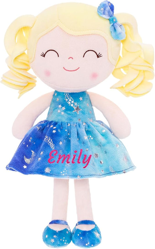 Gloveleya Personalized Rag Doll with Custom Name – 12 Inch Blue Star Dress Curly Hair Baby Girl Plush Gift, Soft Stuffed Doll for Birthday, Christmas, Baby Shower, Holiday & Keepsake Present