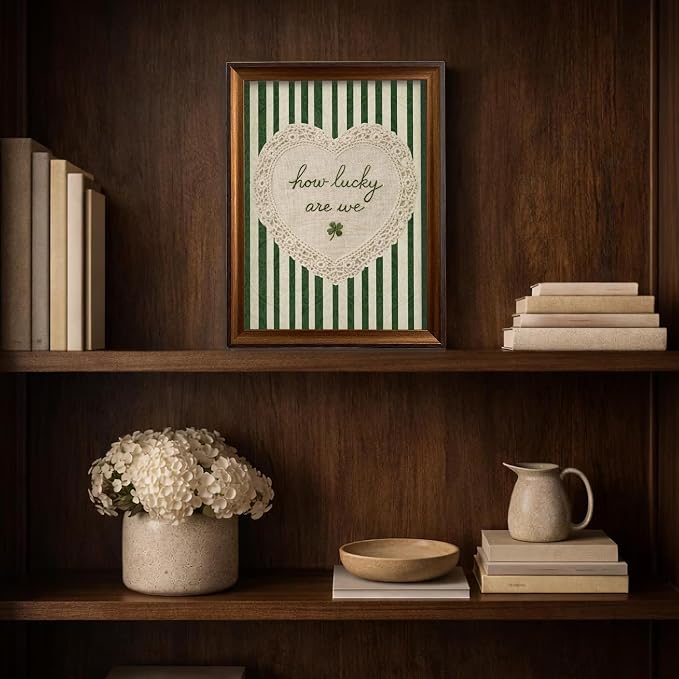 Framed How Lucky Are We Wall Art Vintage Inspirational Quotes Decor Print | Green Striped Lace Heart Aesthetic Painting Poster Trendy Preppy Canvas Picture for Bedroom Collage Ready to Hang 16inx24in