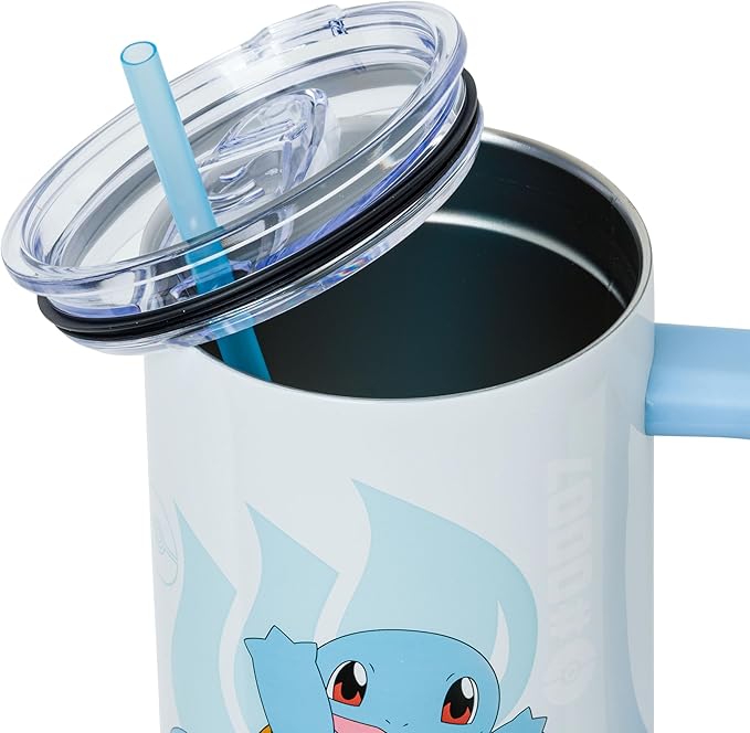 Silver Buffalo Pokémon Stainless Steel Tumbler with Handle Featuring Squirtle, Fits in Standard Cup Holder, 40 Ounces