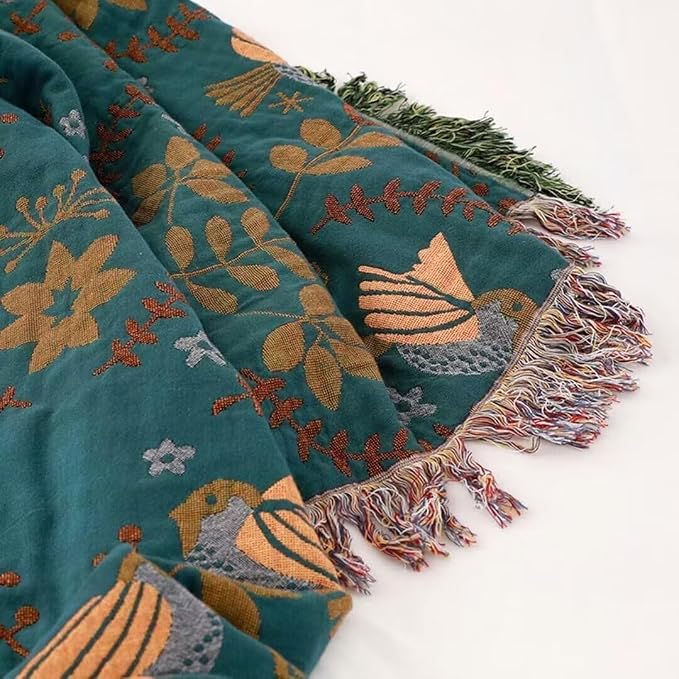 Boho Throw Blanket for Bed 100% Cotton Bohemian Blankets Ultra Soft Woven Muslin Decorative Blankets All Seasons Vintage Quilt Knitted Blanket for Sofa Chair(Blue, 90"x98")