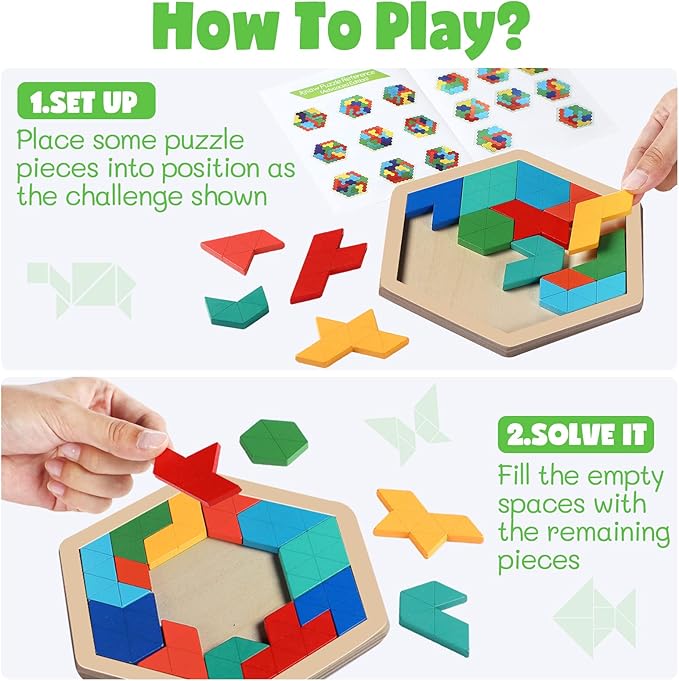 Yunsailing 3 Pack Hexagon Tangram Puzzle Wooden Brain Puzzles for Kid Adult Challenge Wood Russian Blocks Brain Teasers Toy Geometric Jigsaw Block Logic Iq Stem Toy for Family Party Gift(Fancy)
