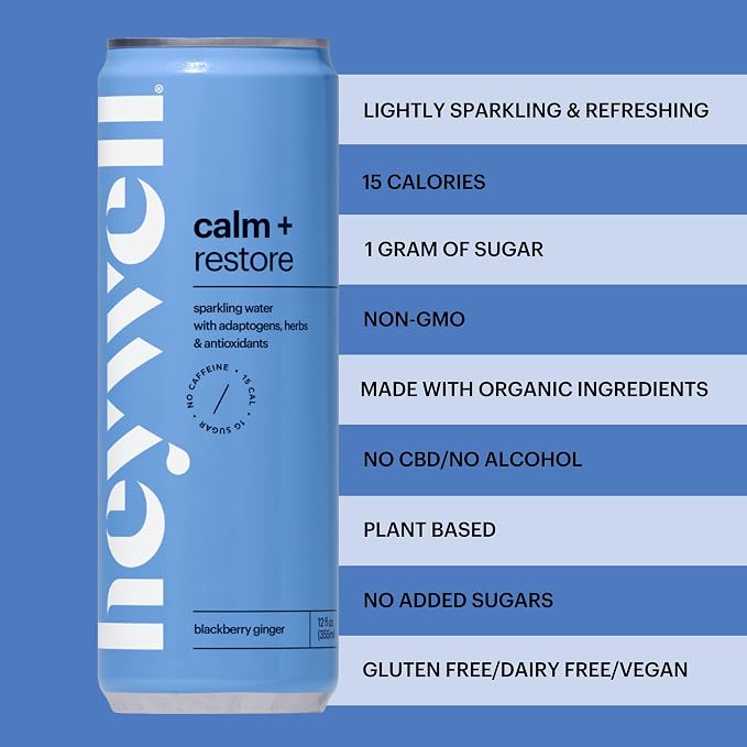 Heywell Sparkling Adaptogenic Water Calm and Restore, Blackberry Ginger Flavor 12 Fluid Ounce (Pack of 12) - Non Caffeinated, Organic, Non GMO, Vegan, Gluten Free, Dairy Free