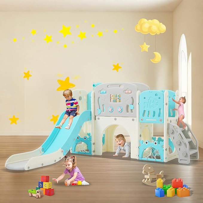 11in 1 Toddler Slide, Kid Slide for Toddlers Age 1-3 with Telescope, Basketball Hoop, and Telescope, Indoor Outdoor Playset Playground Blue Grey