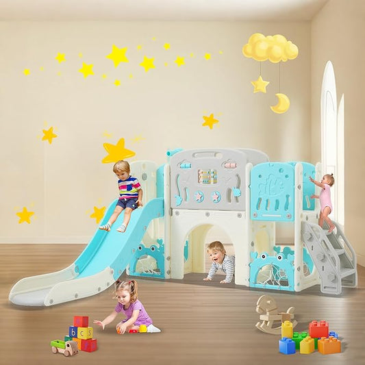 11in 1 Toddler Slide, Kid Slide for Toddlers Age 1-3 with Telescope, Basketball Hoop, and Telescope, Indoor Outdoor Playset Playground Blue Grey