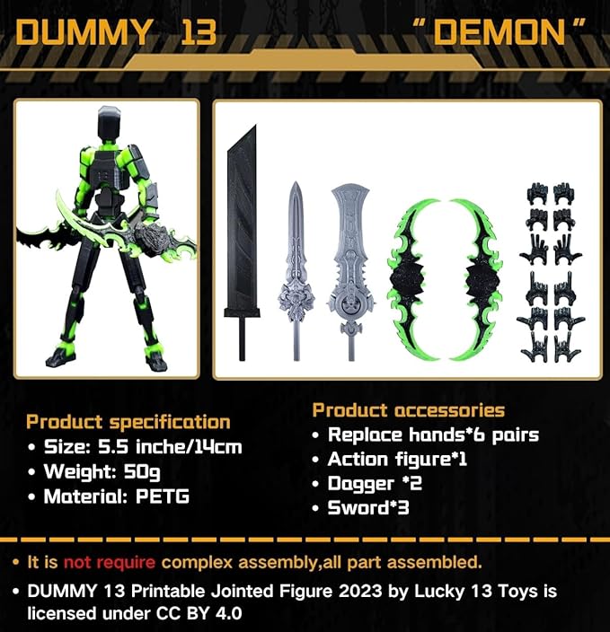 T13 Action Figure for Kids,3D Printed Titan 13 Figure with Multiple Accessories,Dummy 13 Desktop Decorative Toy(Black-Green)