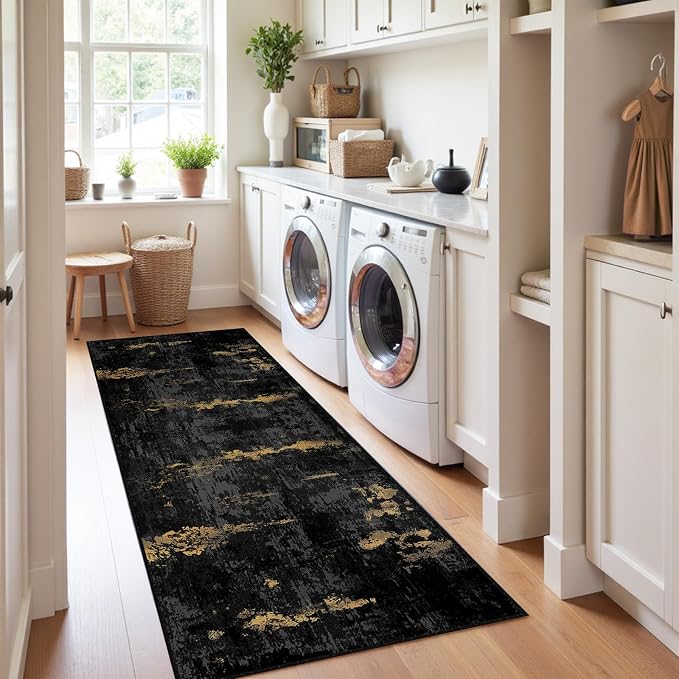 RELEANY Washable Runner 2'x8' Abstract Area Rug for Hallway Black Gold | carpet for kitchen, entryway, bathroom, living room, bedroom, printed pattern, non-slip, soft, stain-resistant, easy to clean