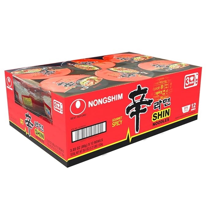 Nongshim Shin Ramyun Bowl Noodles, Spicy Korean Signature Instant Ramyun, Rich Beef Flavored Broth, Quick and Easy, Microwaveable Bowl, 3.03 oz (Pack of 24)