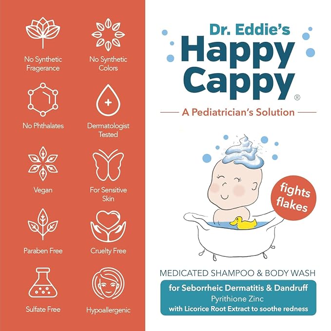 Happy Cappy Cradle Cap Medicated Shampoo and Body Wash with Comb - Baby Dandruff Shampoo, Helps Infants with Seborrheic Dermatitis, Reduces Flakes, Dermatologist Tested, Fragrance Free - 8 fl oz