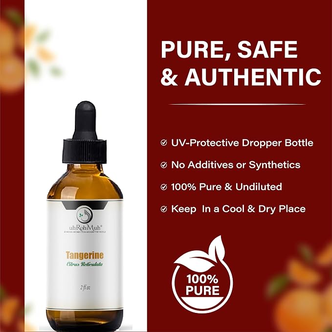 Tangerine Essential Oil, Citrus Reticulata, Cold Pressed Citrus Peel Oil, Sweet Citrus Aroma for Aromatherapy, Diffuser, Massage, Skin Care, Natural Fragrance Oil for Blends – 2 Fl oz
