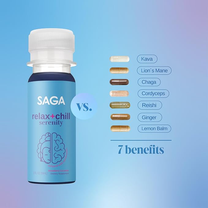 SAGA Serenity Organic Relaxation Shots with Kava, Lion’s Mane & Reishi | Fast-Acting Mushroom & Adaptogen Drink for Calm, Stress Relief & Mood Support | Vegan, Travel Size | 2oz Strawberry Cucumber