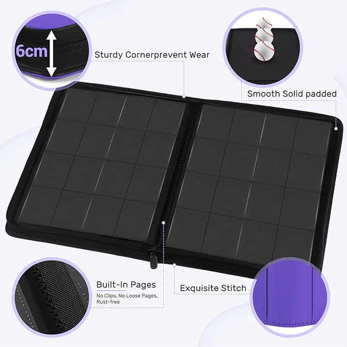 1000+ Pockets Trading Card Binder, 16 Pockets Zipper Binder Card Album, 32 Pack Double-sided Side Loading Non-Ring Card Binder, Card Holder Folders for MTG, TCG, Game Cards & Sports Cards, Purple