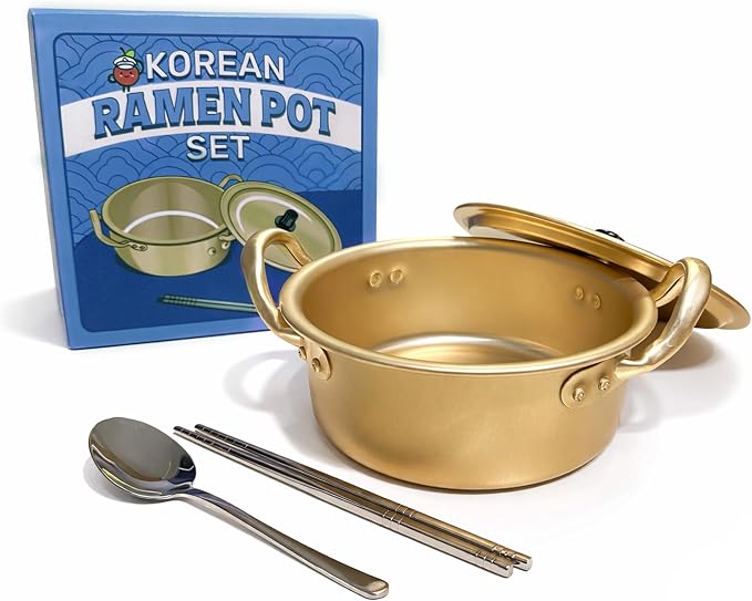 Korean Ramen Pot Set, Gold, Lid, Spoon, 900ml, 30.7oz | For Shin Ramyun, Fast Heating Stovetop, Double Handle, 304 Stainless Steel, Chopsticks Included, Dorm and Camping