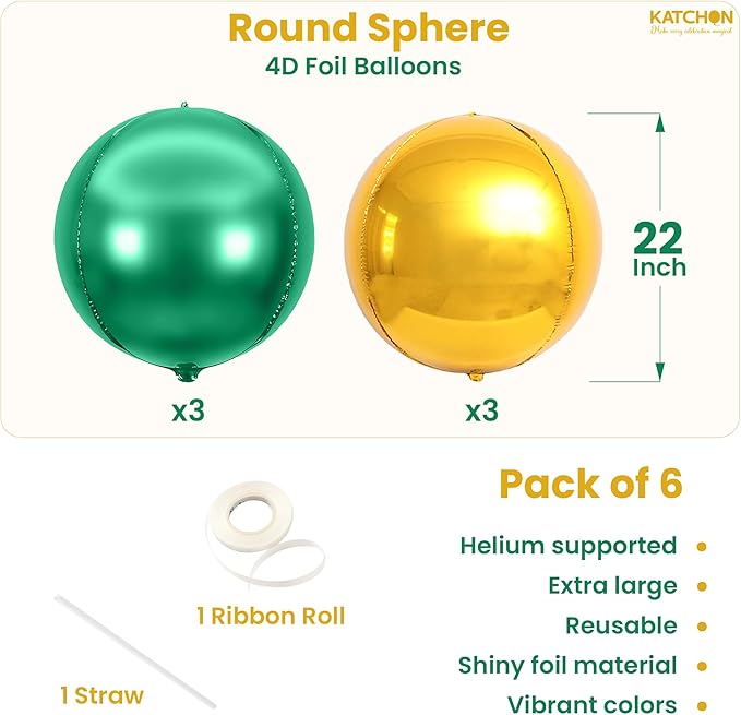 KatchOn, Green and Gold Foil Balloons – 22 Inch, Pack of 6 | Gold Mylar Balloons for Graduation Decorations 2026 | Mardi Gras, Fiesta Party Football, Jungle, Safari Party Decorations