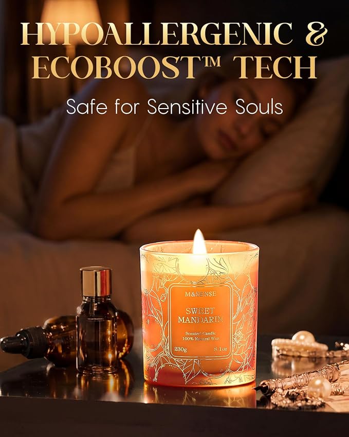 M&SENSE Sweet Mandarin Soy Candle, 8.1oz Gilded Glass, Summer Refresh | 42H Long Burn, Relax Calm Air Purifying, Non-Toxic, Warmer Lamp Compatible, Reusable Glass