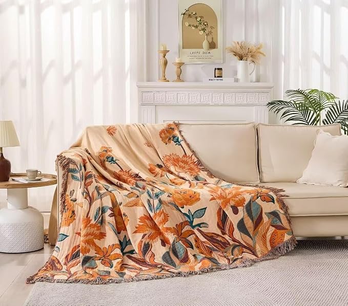 Boho Throw Blanket for Bed 100% Cotton Bohemian Blankets Ultra Soft Woven Muslin Decorative Blankets All Seasons Vintage Quilt Knitted Blanket for Sofa Chair(Orange, 90"x98")