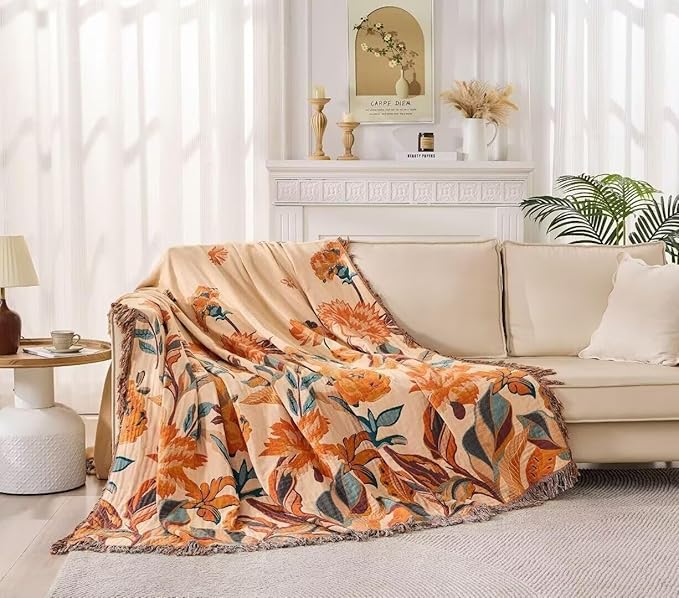 Boho Throw Blanket for Bed 100% Cotton Bohemian Blankets Ultra Soft Woven Muslin Decorative Blankets All Seasons Vintage Quilt Knitted Blanket for Sofa Chair(Orange, 80"x90")