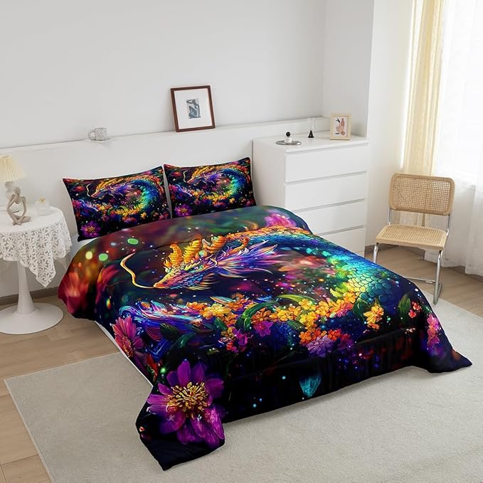Feelyou Dragon Comforter Set Toddler Size Flower Dragon Comforter for Boys Girls Teens Wild Life Bedding Set Dragon Decor Duvet Set Room Decor Clorful Quilt Set
