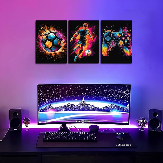 BGFCE Gaming Canvas Wall Art Decor, Paintings Art Game Controller Color Splash Ink Prints Painting, Posters for Room Aesthetic, Soccer Canvas Wall Art for Boys Room Decor 12x16 - Set of 3 Framed