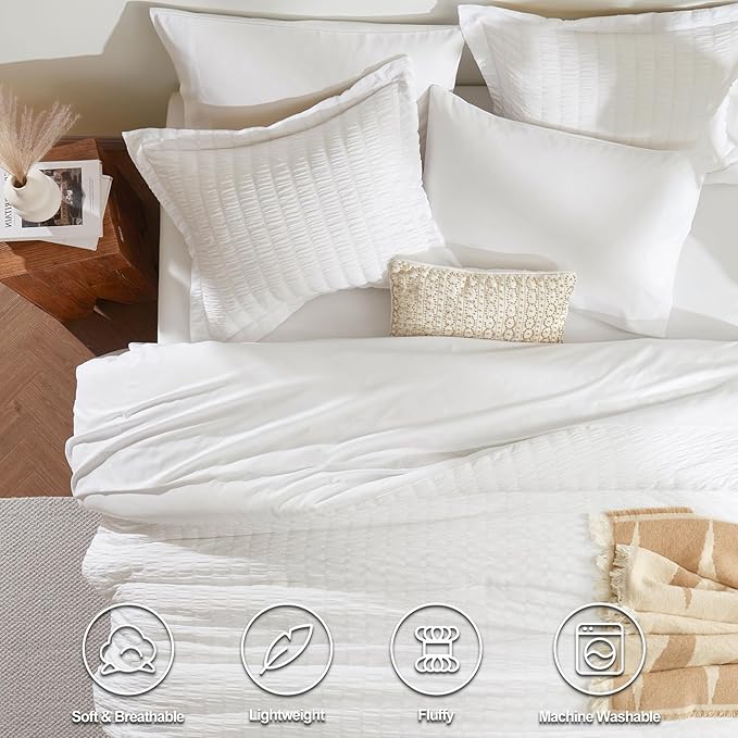CozyLux Oversized Queen Comforter Set White Seersucker 7 Pieces 98x98 Bed in a Bag Comforter Set with Sheets, Luxury Soft Bedding Sets with Down Alternative Comforter, Sheets, Pillowcases & Shams