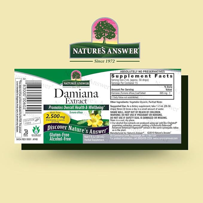 Nature's Answer Damiana Extract Alcohol-Free, 2,500 mg, 1-Ounce | Supports Overall Sexual Wellness | Vegan | Gluten-Free | Single Count