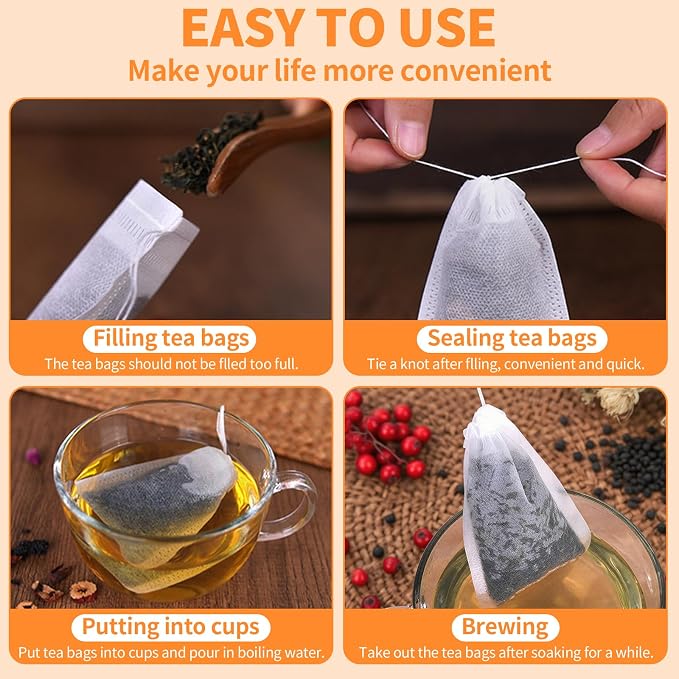 TamBee 100 Pack Disposable Tea Filter Bags Empty Muslin Drawstring Seal Filter Tea Bags Drawstring Herb Loose Tea Bag Tea Filter Pouches Empty Tea Bags (1.97"X2.76" / 5cm X 7cm)
