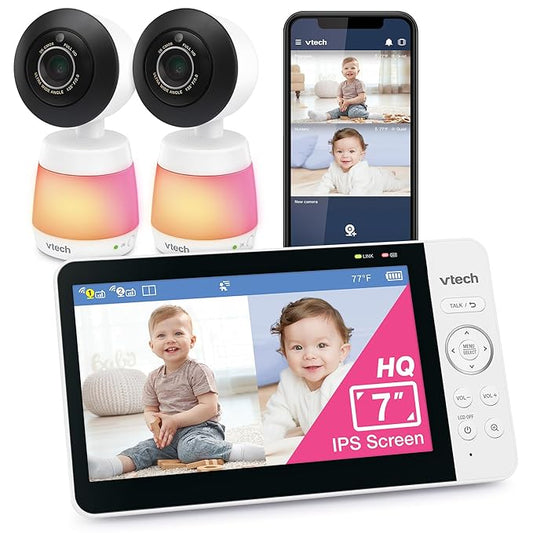VTech Smart WiFi Baby Monitor with 2 Cameras, 1080p FHD Video, Free App with Motion Videos, Sound/Motion Alerts, 7" IPS Split‑Screen Display, Pan‑Tilt‑Zoom, Dual‑Room Monitoring – Smart HQ Max Twin