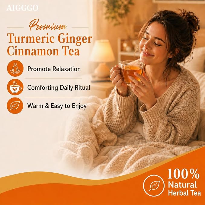 AIGGGO Turmeric Ginger Cinnamon Tea Bags, Digestive Support, 30 Count | Natural turmeric, ginger and cinnamon blend for digestive support and immune wellness, no sugar, vegan and gluten-free