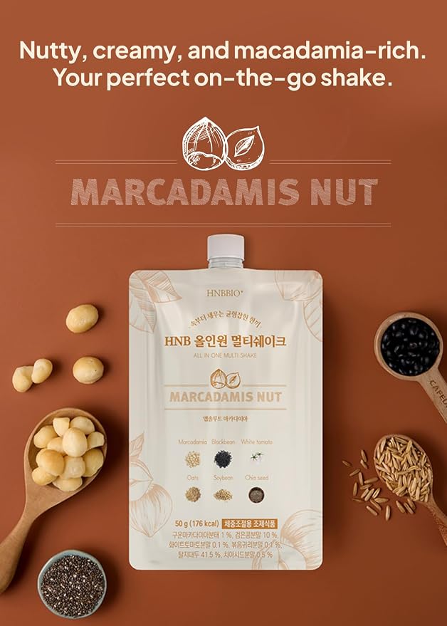 Korean Food All-In-One Multi Shake, Macadamia, Dietary Fiber, 7 Pack, 350g | Macadamia-flavored powder blend with dietary fiber in convenient individual packs