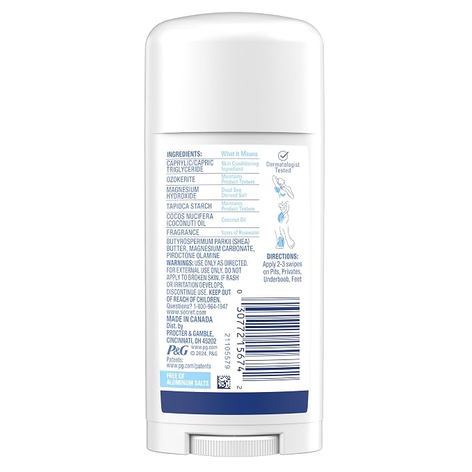 Secret Whole Body Deodorant Stick for Women, Rosewater Scent, Aluminum Free Deodorant Stick, 72 HR Odor Protection, 2.4 oz