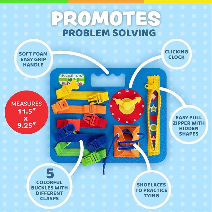Buckle Toys Busy Board - Montessori Learning Toy for Toddlers Kids Road Trip Activies - Foam Sensory Board - Develop Fine Motor Skills - Blue