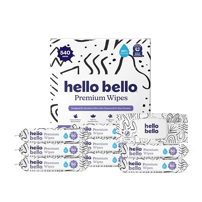 Hello Bello Premium Wipes, Designed for Sensitive Skin with Chamomile & Aloe Extracts, Playful Sketches (9 Resealable Packets = 540 Total Wipes)