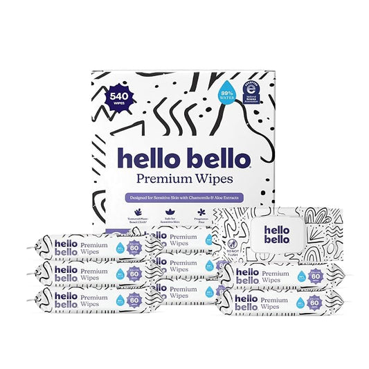 Hello Bello Premium Wipes, Designed for Sensitive Skin with Chamomile & Aloe Extracts, Playful Sketches (9 Resealable Packets = 540 Total Wipes)