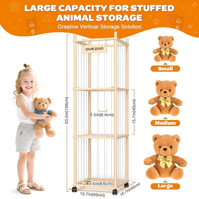 Stuffed Animal Storage: Wood Stuffed Animal Zoo, Stuffed Animal Holder with Mesh Net, Plush Toy Organizer Tube with Brake Wheels, Space Save Stuffed Animal Cage for Kids Room Playroom Nursery Bedroom