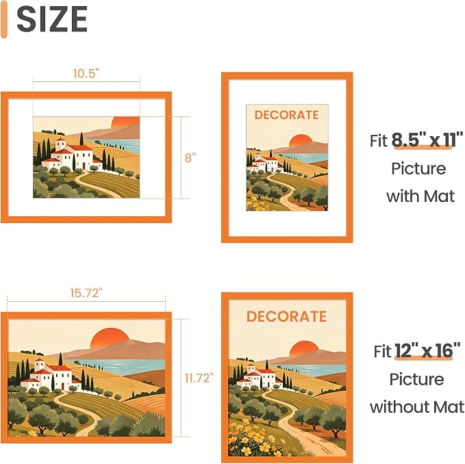 upsimples 12x16 Picture Frame, Display Pictures 8.5x11 with Mat or 12 x 16 Without Mat, Wall Hanging Photo Frame, Orange, 1 Pack